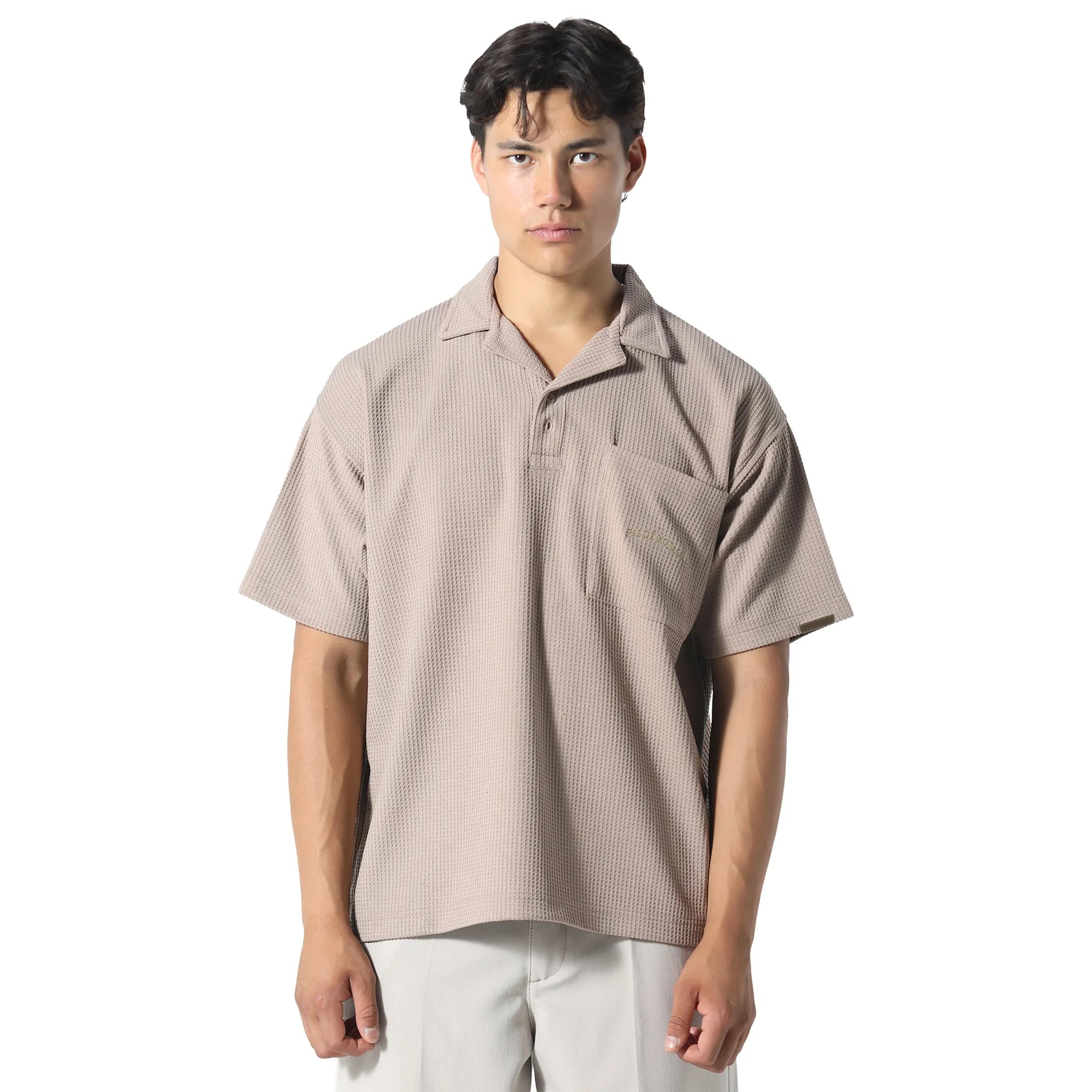 Model Front View of Pas De Monaco Waffle Tobacco Polo Shirt PKK22O00G-B11